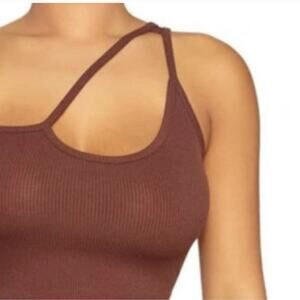 Naked Wardrobe NEW Brown Asymmetric Cutout Sleeveless Ribbed Cropped Tank Top XL
